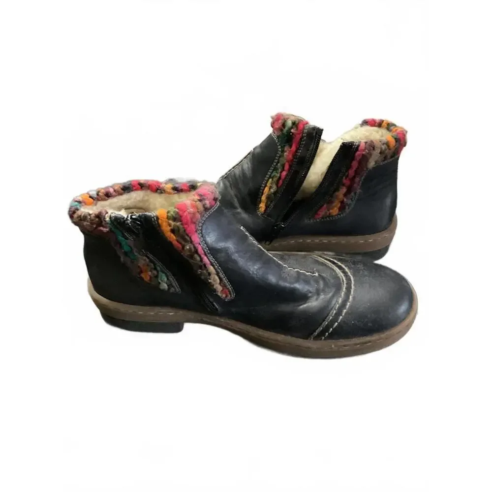 Reiker Navy Blue Ankle Boots with Colorful Knit Trim Size 40 (9.5)